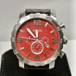 Fossil JR1445 Mens Red Nate Chronograph Silver